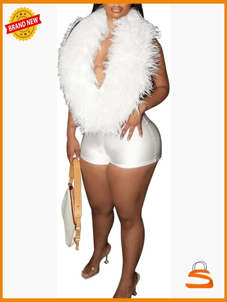 Faux Fur Trim Bodycon Jumpsuit With V Neck Backless Short Romper For Party Club